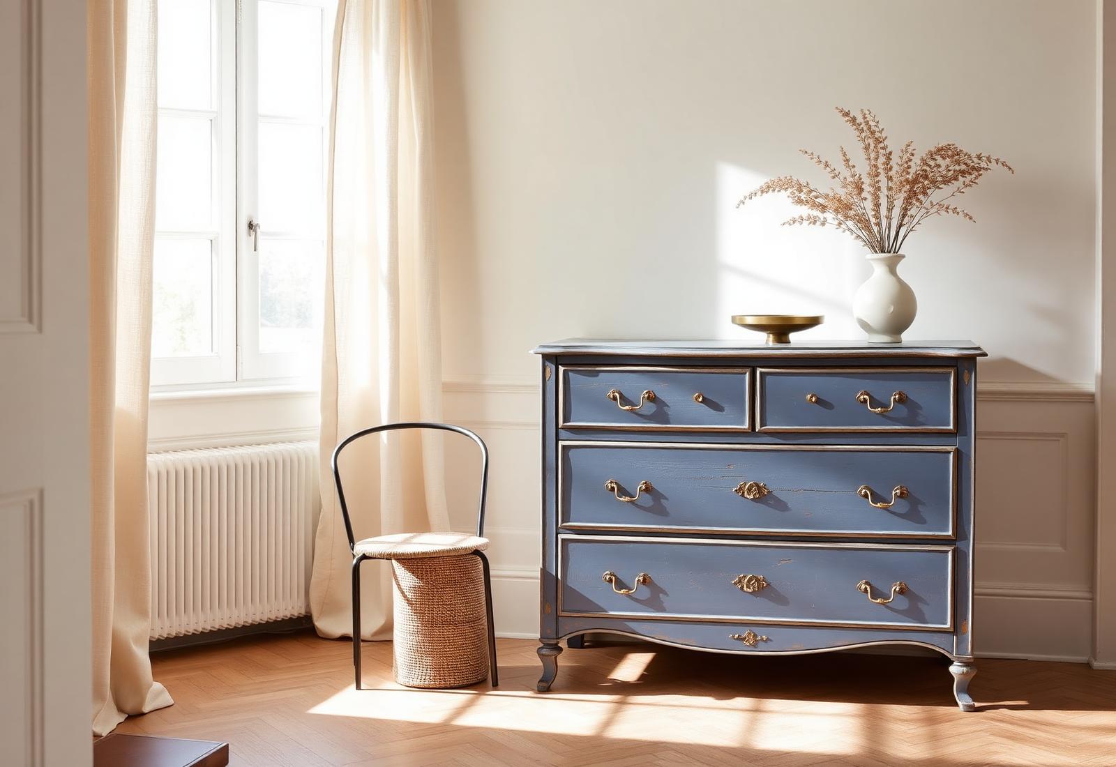 Hand-painted French blue dresser styled in a light-filled room