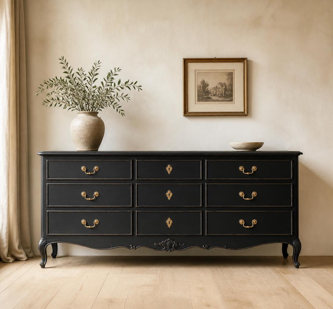 Hand-painted black dresser with brass hardware in a light-filled room