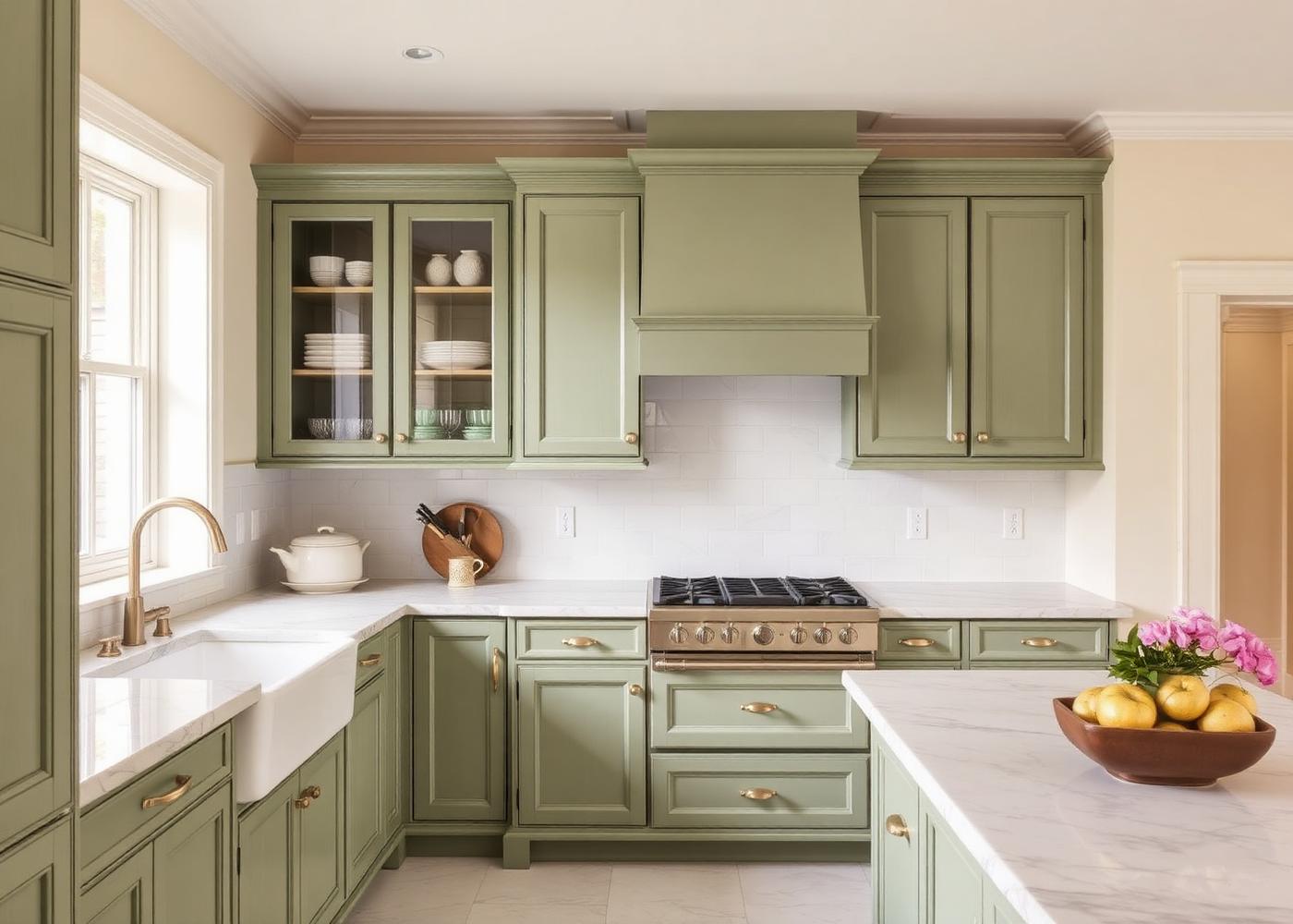 Kitchen with hand-painted sage green cabinets