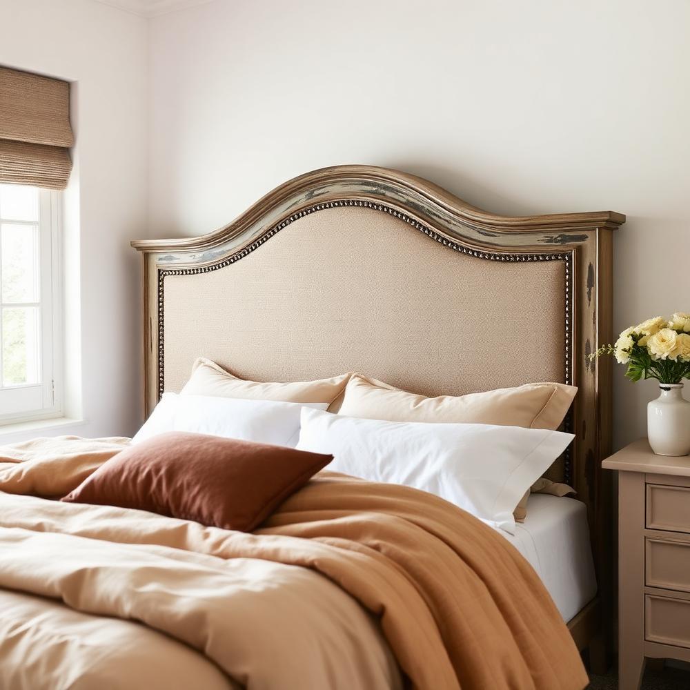 Upholstered linen headboard in a neutral bedroom